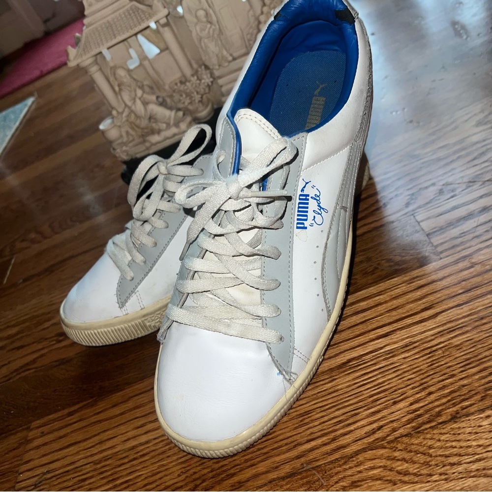 Puma Basket Clyde White, Gray & Blue Leather Sz 11 EUC